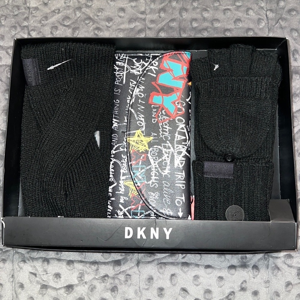 DKNY three piece gift set mittens headband wallet combo black turquoise gold NWT